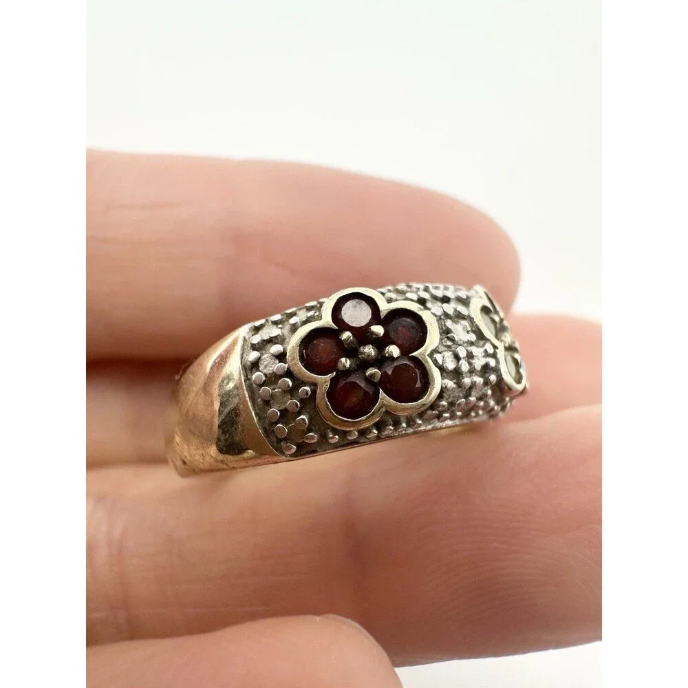 925 Sterling Silver Natural Garnet Peridot Amethyst Diamond Flower Ring Size 6